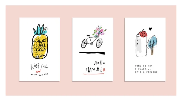 Leuke hand getekende posters over de zomer. Creatieve en grappige kaarten. — Stockvector
