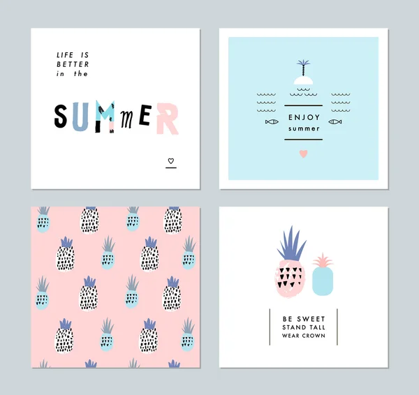 Reeks van creatieve trendy kunst posters over zomer plus naadloze patroon met ananas — Stockvector