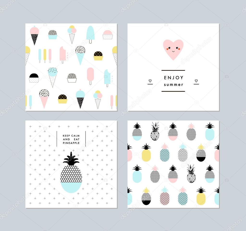 Set of creative trendy art posters plus seamless patterns with ice cream and pineapples. Hand drawn textures. Vector. Isolated.