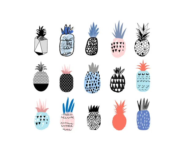 Collezione di simpatici ananas con diverse texture disegnate a mano — Vettoriale Stock