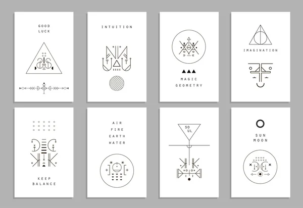 Conjunto de tarjetas de moda vectorial con iconos geométricos. Símbolos de alquimia — Vector de stock