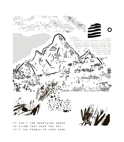 Montañas, ilustración vectorial dibujada a mano. Cartel de arte . — Archivo Imágenes Vectoriales