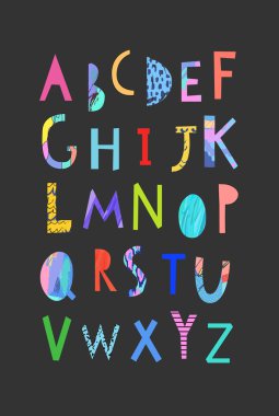Vektör El Çizilmiş Sanatsal Alfabe . Kesme harfleri. Yazı. 