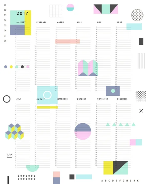 Yearly Planner Calendar with Vertical Months on white background. Vector — Wektor stockowy
