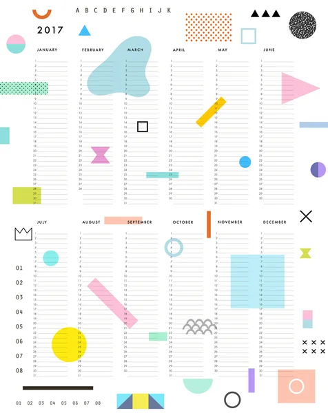 Yearly Planner Calendar with Vertical Months on white background. Vector — 스톡 벡터