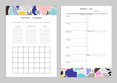 Monthly Planner plus Weekly List Templates. Vector