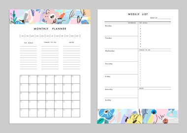 Aylık Planlayıcı artı Haftalık Liste Şablonları. Vektör