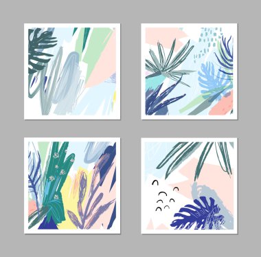 Tropikal tarzı evrensel çiçek kartlarda yaratıcı kümesi. Vektör