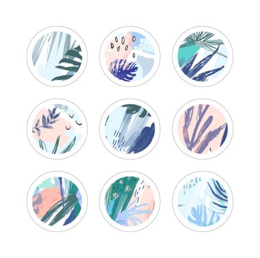 Tropikal tarzda yaratıcı çiçek çıkartmaları seti. Vektör