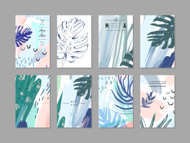 Tropikal tarzı evrensel çiçek kartlarda yaratıcı kümesi. Vektör