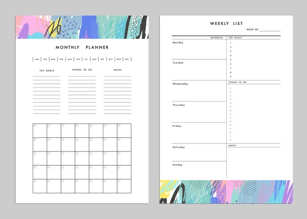 Planificateur mensuel et modèles de liste hebdomadaires. Vecteur — Image vectorielle
