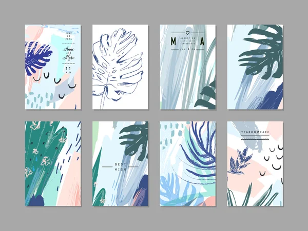 Tropikal tarzı evrensel çiçek kartlarda yaratıcı kümesi. Vektör