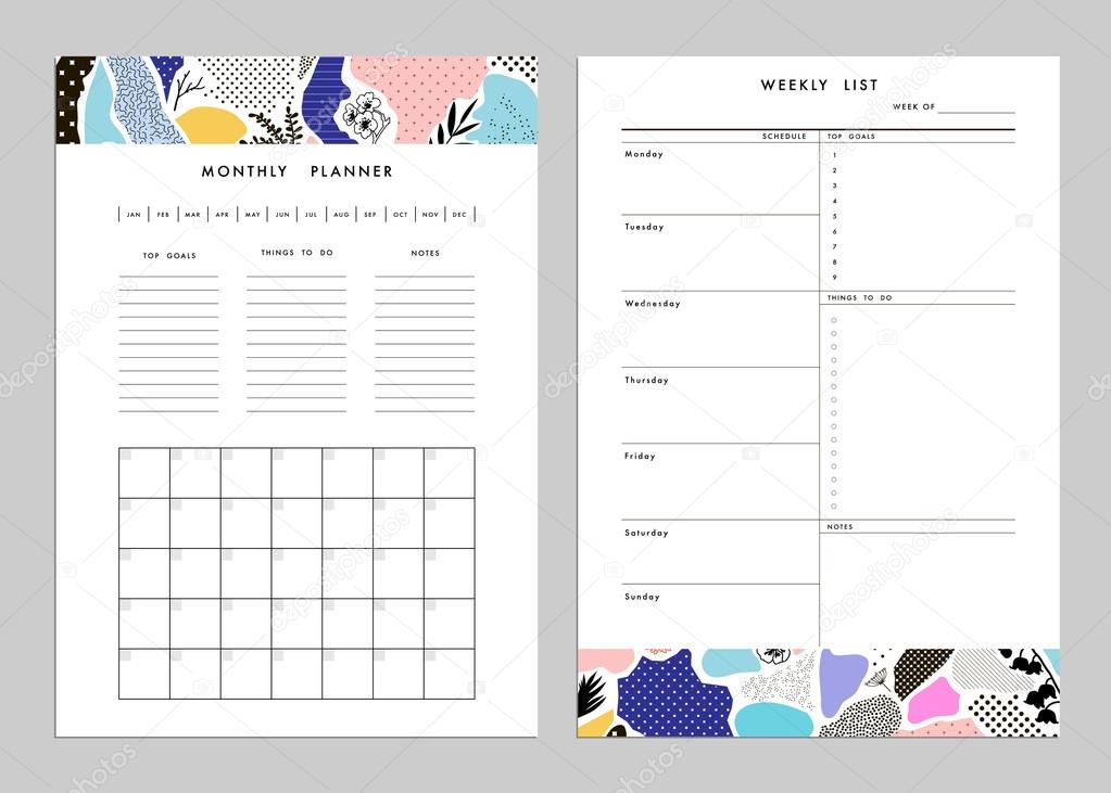 Monthly Planner plus Weekly List Templates. Vector