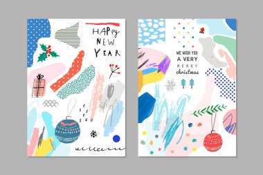 Yaratıcı Mutlu Yıllar posterleri ve kartlar. Tatil davetiyesi tasarımı. Vektör. 
