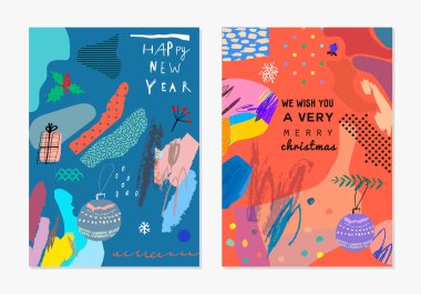 Yaratıcı Mutlu Yıllar posterleri ve kartlar. Tatil davetiyesi tasarımı. Vektör. 