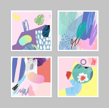 Sanatsal yaratıcı evrensel kartlar. El yapımı kumaşlar. Düğün, yıldönümü, doğum günü, Sevgililer Günü, parti. Poster, kart, davetiye, pankart, broşür, broşür için tasarım. Vektör.