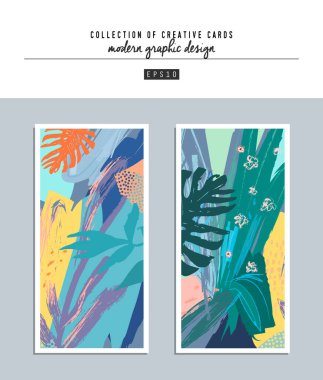 Sanatsal yaratıcı evrensel kartlar. El yapımı kumaşlar. Düğün, yıldönümü, doğum günü, Sevgililer Günü, parti. Poster, kart, davetiye, pankart, broşür, broşür için tasarım. Vektör.