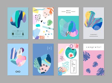 Sanatsal yaratıcı evrensel kartlar. El yapımı kumaşlar. Düğün, yıldönümü, doğum günü, Sevgililer Günü, parti. Poster, kart, davetiye, pankart, broşür, broşür için tasarım. Vektör.