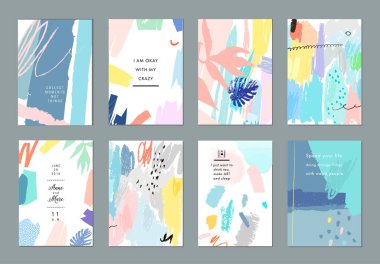 Sanatsal yaratıcı evrensel kartlar. El yapımı kumaşlar. Düğün, yıldönümü, doğum günü, Sevgililer Günü, parti. Poster, kart, davetiye, pankart, broşür, broşür için tasarım. Vektör.