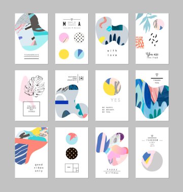 Sanatsal yaratıcı evrensel kartlar. El yapımı kumaşlar. Düğün, yıldönümü, doğum günü, Sevgililer Günü, parti. Poster, kart, davetiye, pankart, broşür, broşür için tasarım. Vektör.