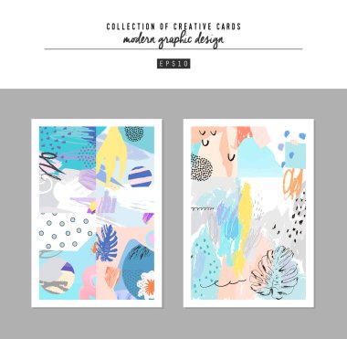 Sanatsal yaratıcı evrensel kartlar. El yapımı kumaşlar. Düğün, yıldönümü, doğum günü, Sevgililer Günü, parti. Poster, kart, davetiye, pankart, broşür, broşür için tasarım. Vektör.