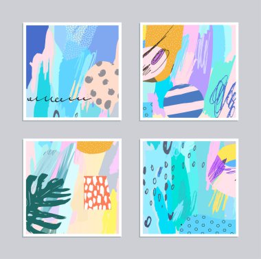 Sanatsal yaratıcı evrensel kartlar. El yapımı kumaşlar. Düğün, yıldönümü, doğum günü, Sevgililer Günü, parti. Poster, kart, davetiye, pankart, broşür, broşür için tasarım. Vektör.