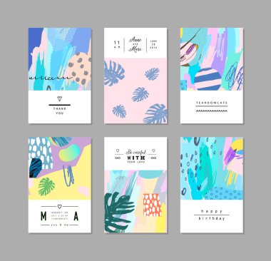 Sanatsal yaratıcı evrensel kartlar. El yapımı kumaşlar. Düğün, yıldönümü, doğum günü, Sevgililer Günü, parti. Poster, kart, davetiye, pankart, broşür, broşür için tasarım. Vektör.