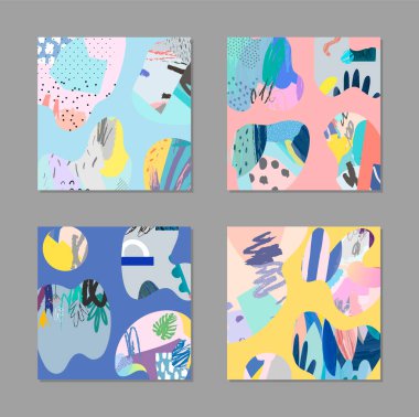 Sanatsal yaratıcı evrensel kartlar. El yapımı kumaşlar. Düğün, yıldönümü, doğum günü, Sevgililer Günü, parti. Poster, kart, davetiye, pankart, broşür, broşür için tasarım. Vektör.