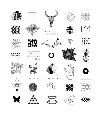 Değişik elementler ve şekiller. Moda hipster sembolleri ve logotlar. Etnik kalıplar. Geometrik, simya, dekor malzemeleri. Vektör. 