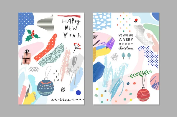 Conjunto Creativos Carteles Tarjetas Feliz Año Nuevo Diseño Invitación Navideña — Vector de stock