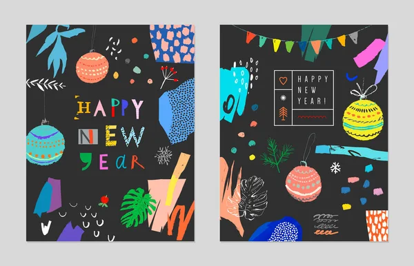 Conjunto Creativos Carteles Tarjetas Feliz Año Nuevo Diseño Invitación Navideña — Vector de stock