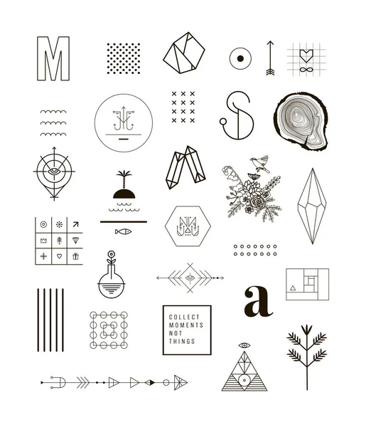 Conjunto Diferentes Elementos Formações Símbolos Hipster Moda Logotipos Padrões Étnicos —  Vetores de Stock