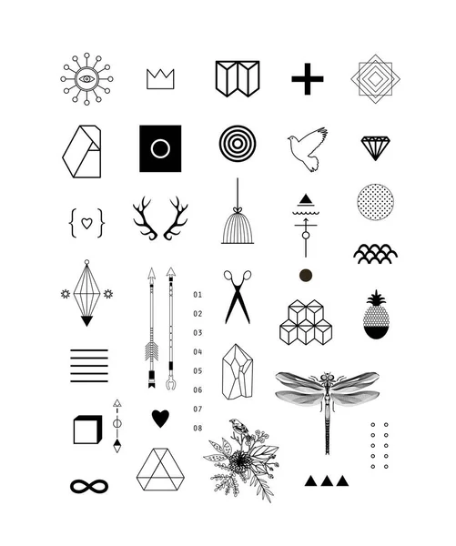 Set Different Elements Shapes Trendy Hipster Symbols Logotypes Ethnic Patterns — Stock Vector