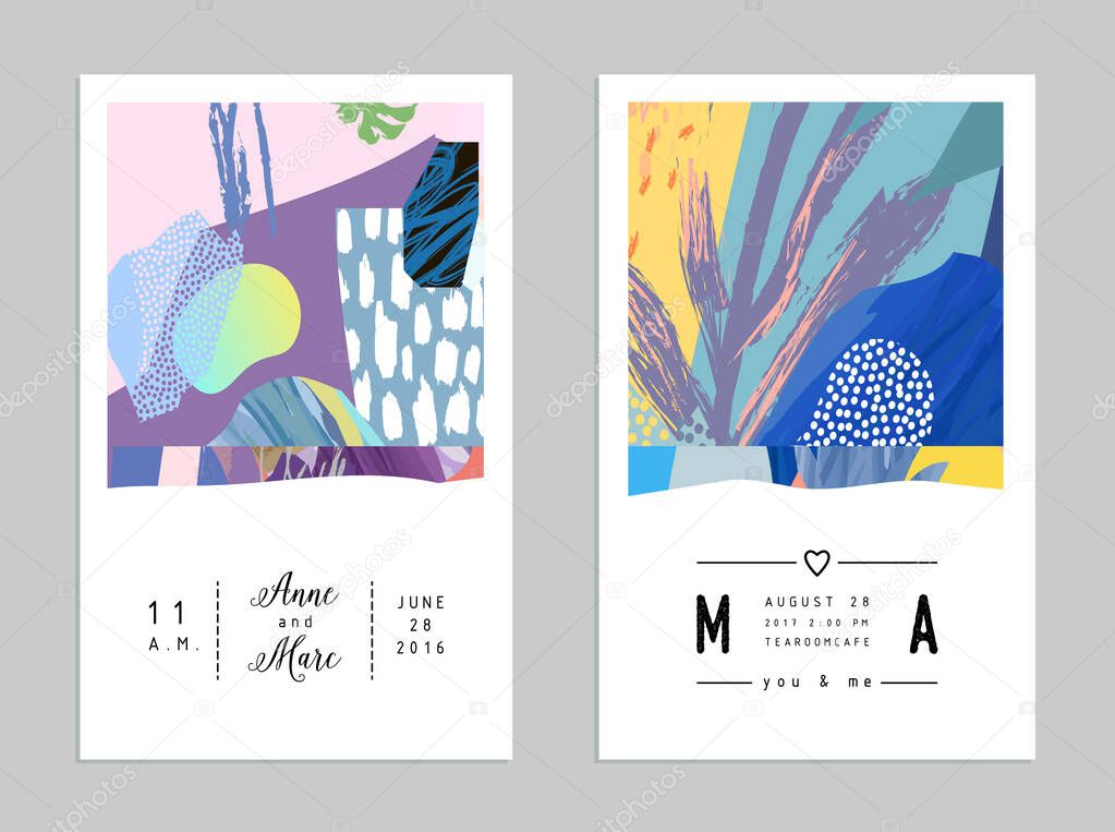 Set of artistic creative universal cards. Hand Drawn textures. Wedding, anniversary, birthday, Valentine's day, party. Design for poster, card, invitation, placard, brochure, flyer.  Vector.