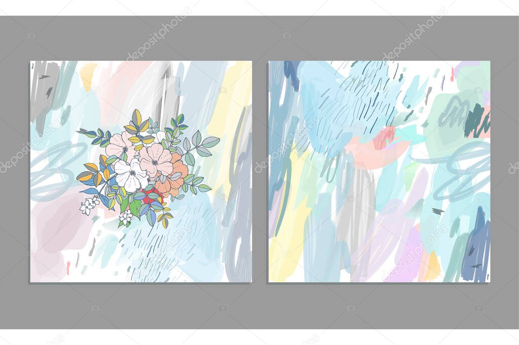 Set of artistic creative universal cards. Hand Drawn textures. Wedding, anniversary, birthday, Valentine's day, party. Design for poster, card, invitation, placard, brochure, flyer.  Vector.