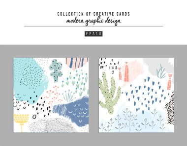 Yaratıcı evrensel çiçek sanatsal kartların koleksiyonu. Pankart, poster, kart, kapak, davetiye, pankart, broşür ve broşür için modaya uygun grafik tasarımı. Vektör