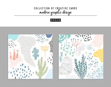 Yaratıcı evrensel çiçek sanatsal kartların koleksiyonu. Pankart, poster, kart, kapak, davetiye, pankart, broşür ve broşür için modaya uygun grafik tasarımı. Vektör