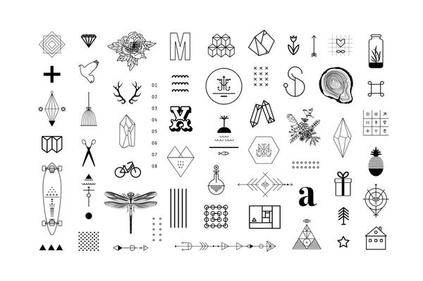 Ensemble Éléments Formes Différentes Symboles Logotypes Tendance Hipster Modèles Ethniques — Image vectorielle