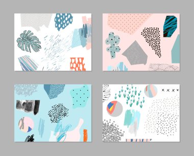 Sanatsal yaratıcı evrensel kartlar. El yapımı kumaşlar. Düğün, yıldönümü, doğum günü, Sevgililer Günü, parti. Poster, kart, davetiye, pankart, broşür, broşür için tasarım. Vektör.