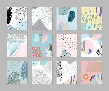 Sanatsal yaratıcı evrensel kartlar. El yapımı kumaşlar. Düğün, yıldönümü, doğum günü, Sevgililer Günü, parti. Poster, kart, davetiye, pankart, broşür, broşür için tasarım. Vektör.