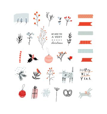 Mutlu Noeller, mutlu yıllar şirin el yapımı elementler. Tatil eşyaları koleksiyonu. Moda minimal tasarımı. Tebrik kartları, posterler, çıkartmalar, davetiyeler, hediye etiketleri için ideal. Vektör