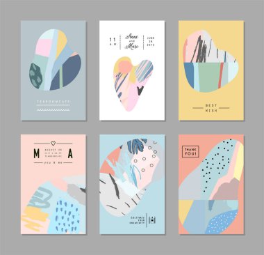 Sanatsal yaratıcı evrensel kartlar. El yapımı kumaşlar. Düğün, yıldönümü, doğum günü, Sevgililer Günü, parti. Poster, kart, davetiye, pankart, broşür, broşür için tasarım. Vektör.