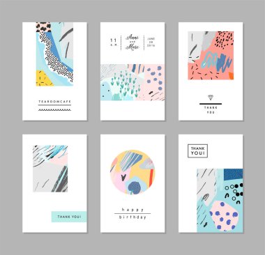 Sanatsal yaratıcı evrensel kartlar. El yapımı kumaşlar. Düğün, yıldönümü, doğum günü, Sevgililer Günü, parti. Poster, kart, davetiye, pankart, broşür, broşür için tasarım. Vektör.