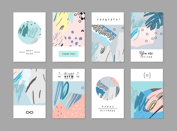 Conjunto Cartões Artísticos Criativos Universais Texturas Desenhadas Mão Casamento Aniversário —  Vetores de Stock