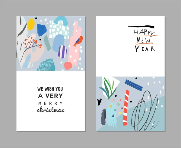 Feliz Navidad Feliz Año Nuevo Tarjetas Dibujadas Mano Lindas Carteles — Vector de stock