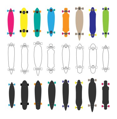 çeşitli şekilli kaykaylar ve longboards koleksiyonu