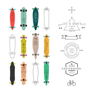 çeşitli şekilli kaykaylar ve longboards koleksiyonu