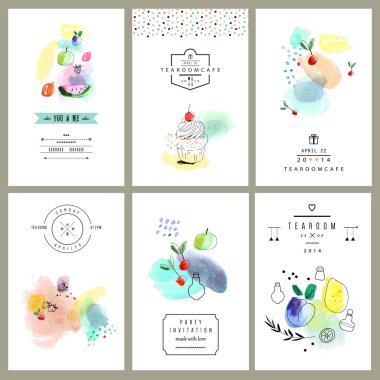 Meyve, çilek ve tatlılar ile suluboya resim