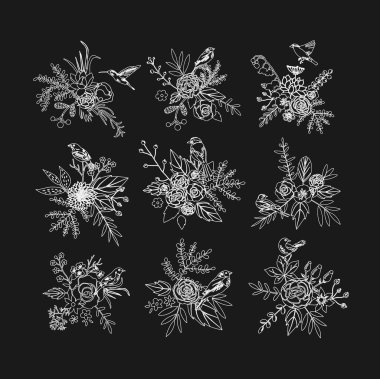 Kuşlar çiçeklerle kümesi