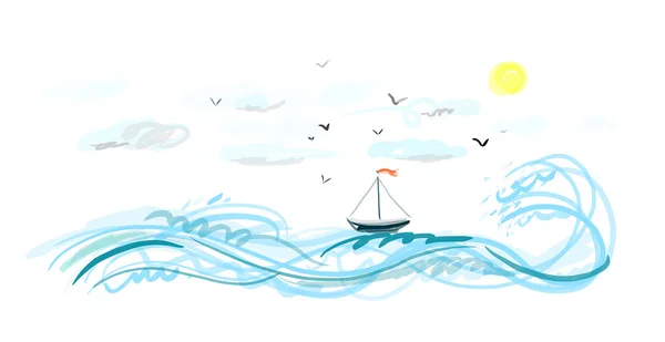 Náčrtek rybářského člunu na moři — Stockový vektor